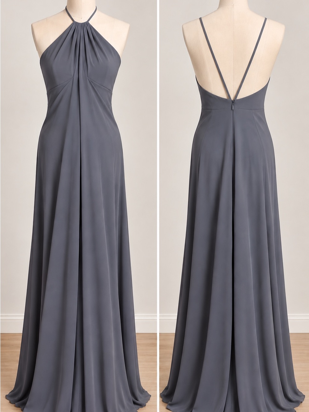 Elegant Grey Halter-Back Evening Dress